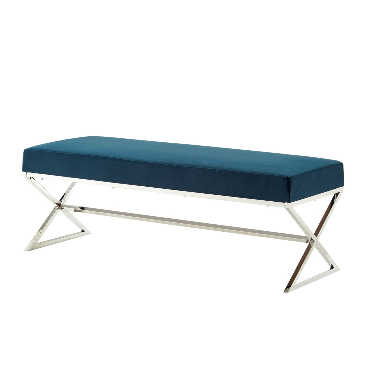 48" Navy Blue And Silver Upholstered Velvet Bench By Homeroots | Benches | Modishstore - 3