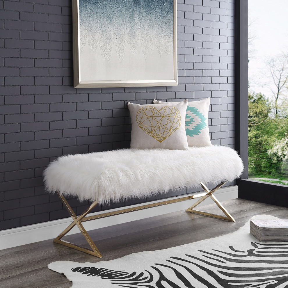 48" White And Gold Upholstered Faux Fur Bench By Homeroots | Benches | Modishstore - 7