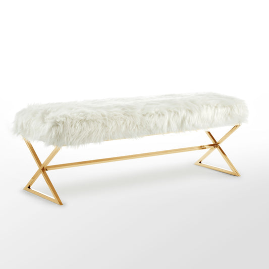 48" White And Gold Upholstered Faux Fur Bench By Homeroots