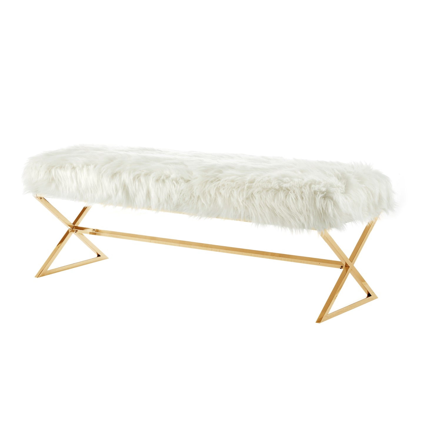 48" White And Gold Upholstered Faux Fur Bench By Homeroots | Benches | Modishstore - 3