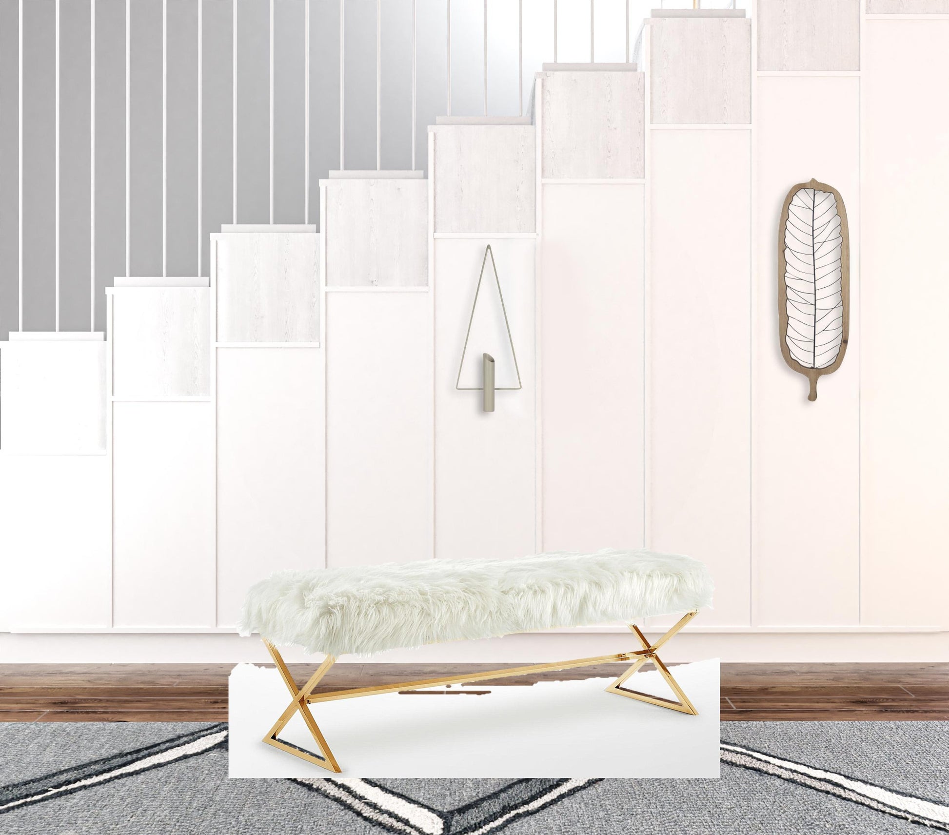 48" White And Gold Upholstered Faux Fur Bench By Homeroots | Benches | Modishstore - 5