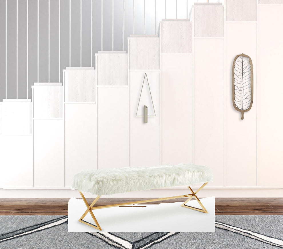 48" White And Gold Upholstered Faux Fur Bench By Homeroots | Benches | Modishstore - 5