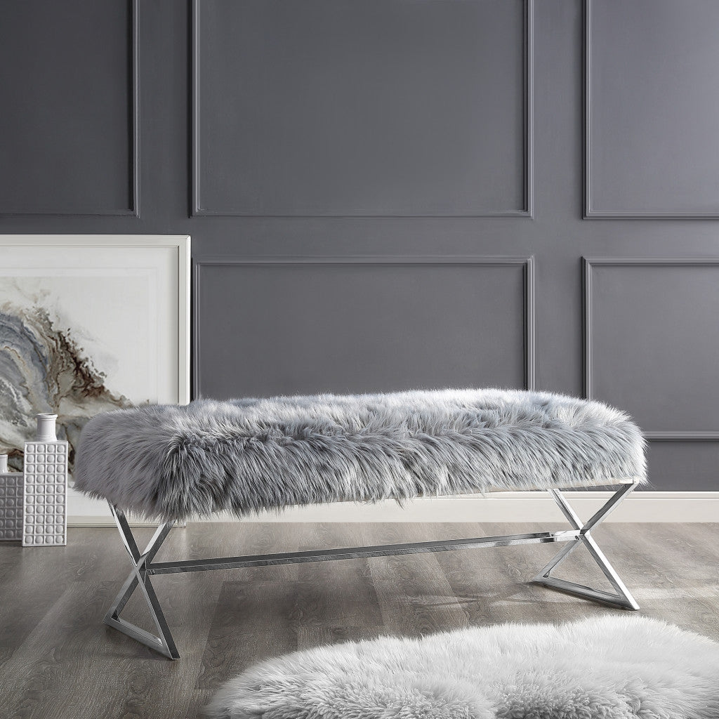 48" Gray And Silver Upholstered Faux Fur Bench By Homeroots | Benches | Modishstore - 7
