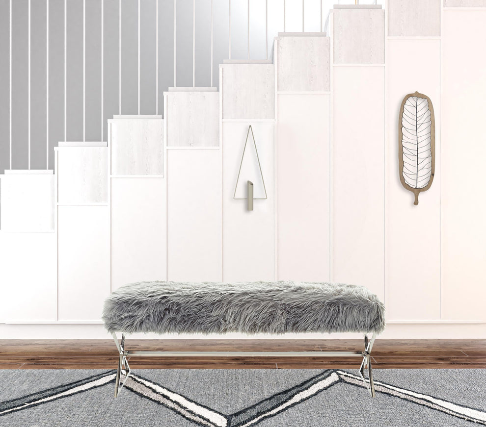 48" Gray And Silver Upholstered Faux Fur Bench By Homeroots | Benches | Modishstore - 5