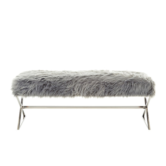 48" Gray And Silver Upholstered Faux Fur Bench By Homeroots | Benches | Modishstore