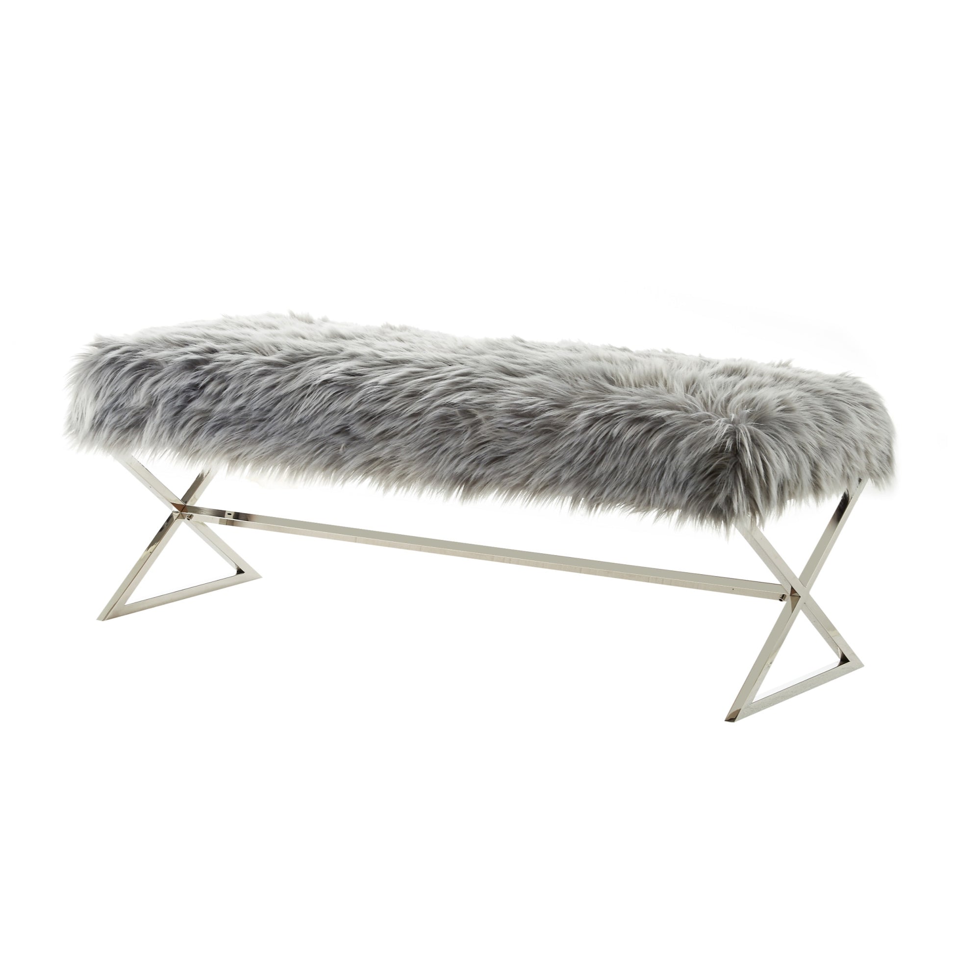48" Gray And Silver Upholstered Faux Fur Bench By Homeroots | Benches | Modishstore - 4
