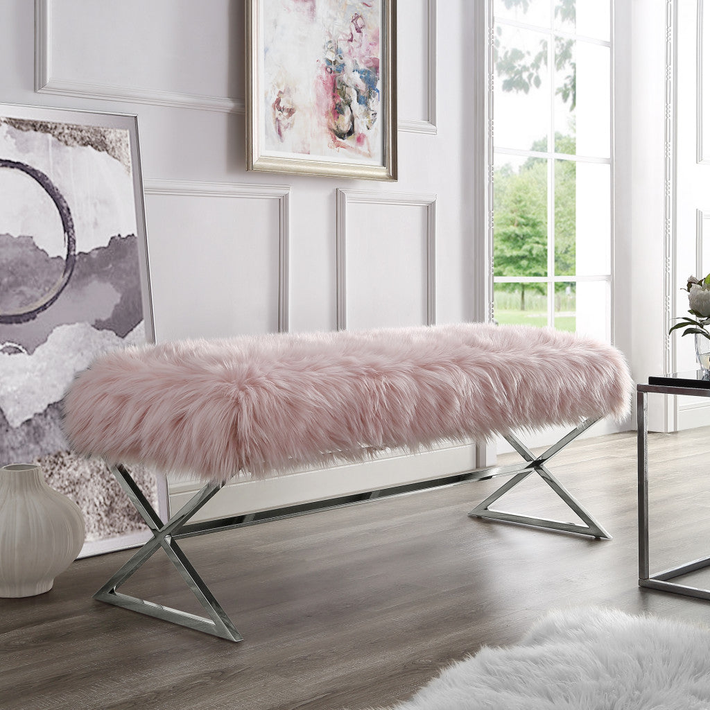 48" Rose And Silver Upholstered Faux Fur Bench By Homeroots | Benches | Modishstore - 7