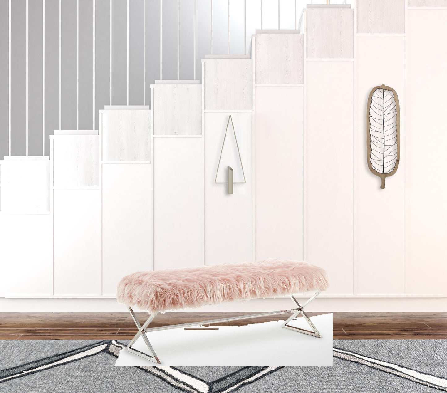 48" Rose And Silver Upholstered Faux Fur Bench By Homeroots | Benches | Modishstore - 5