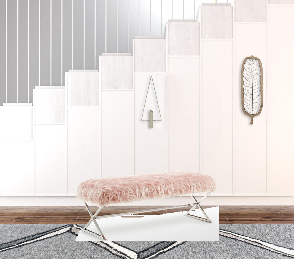 48" Rose And Silver Upholstered Faux Fur Bench By Homeroots | Benches | Modishstore - 5