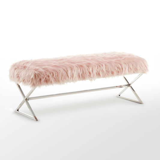 48" Rose And Silver Upholstered Faux Fur Bench By Homeroots