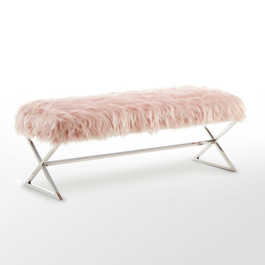 48" Rose And Silver Upholstered Faux Fur Bench By Homeroots | Benches | Modishstore