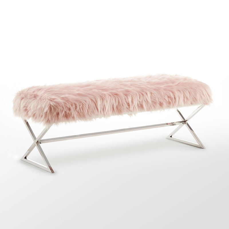 48" Rose And Silver Upholstered Faux Fur Bench By Homeroots | Benches | Modishstore