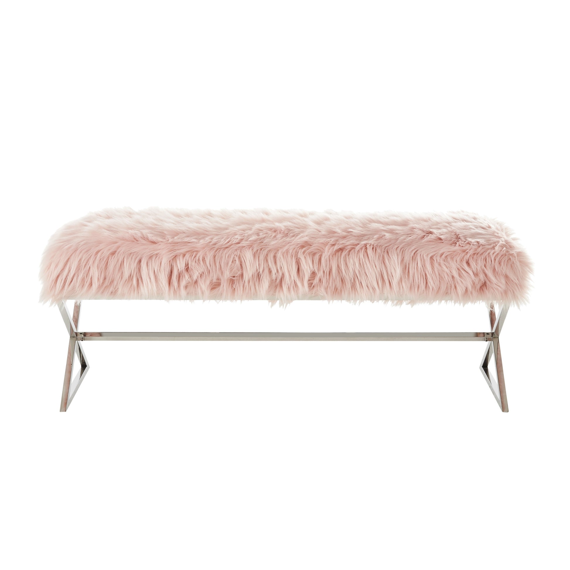 48" Rose And Silver Upholstered Faux Fur Bench By Homeroots | Benches | Modishstore - 2