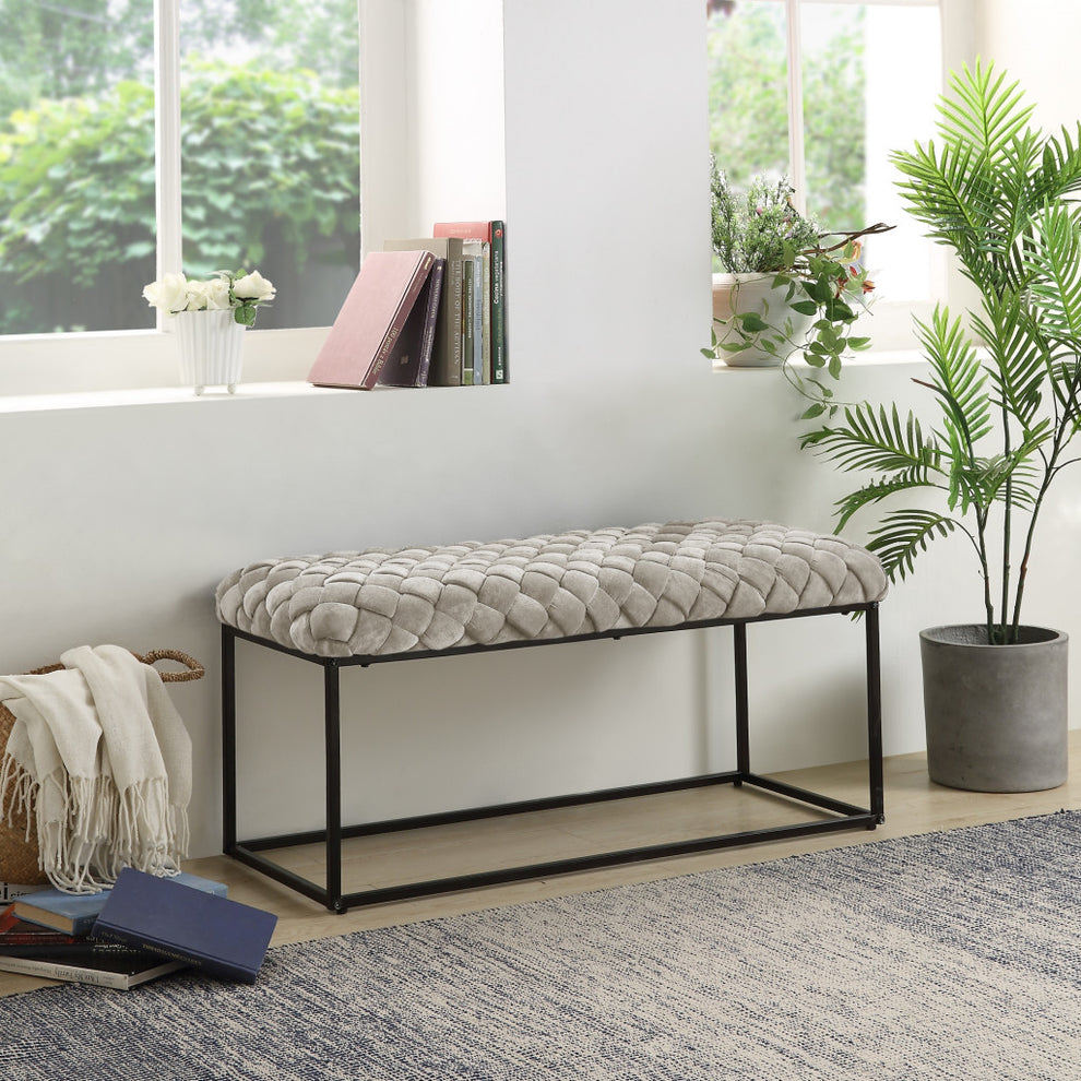 39" Cream And Black Upholstered Velvet Bench By Homeroots | Benches | Modishstore - 7