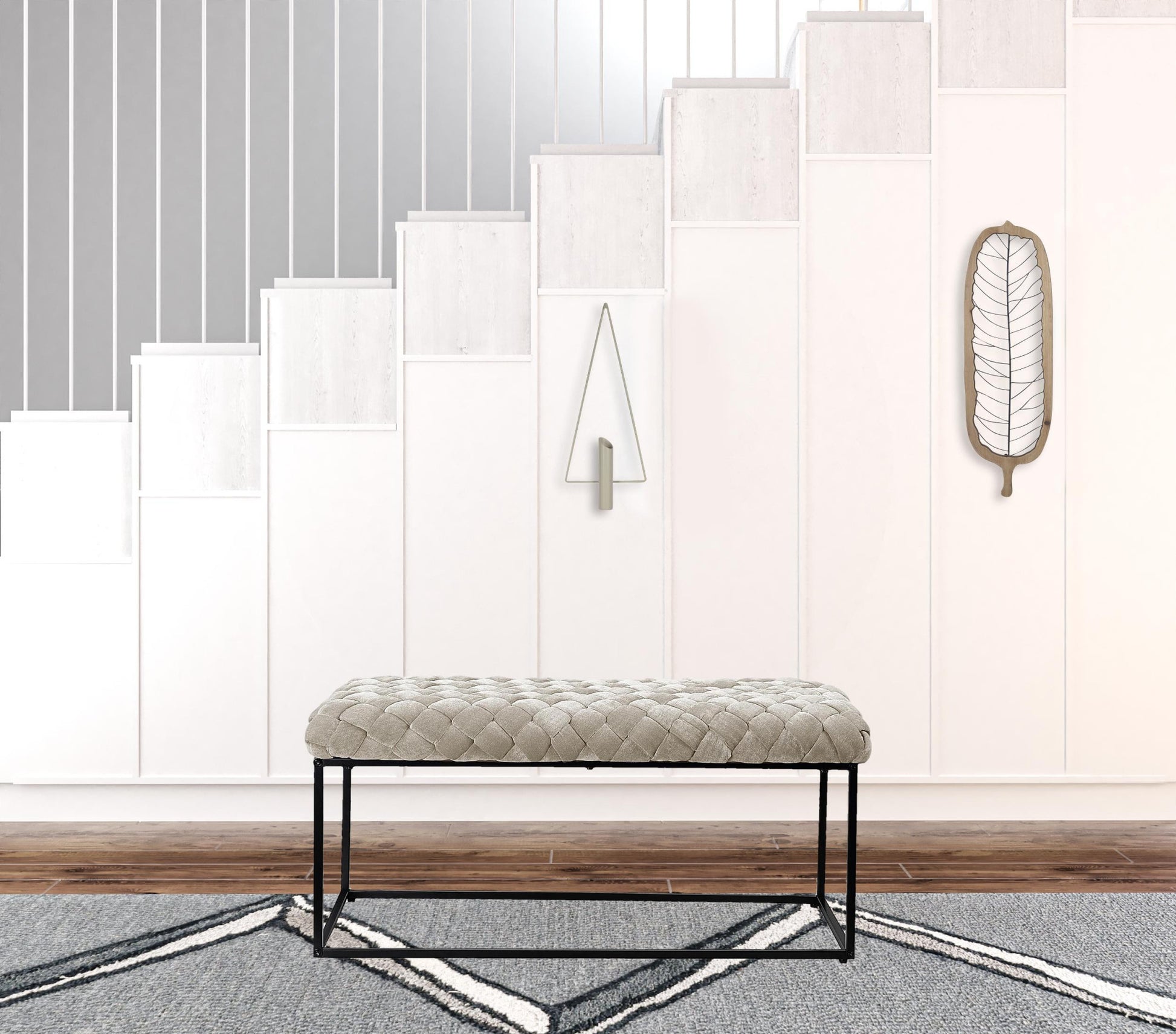 39" Cream And Black Upholstered Velvet Bench By Homeroots | Benches | Modishstore - 5