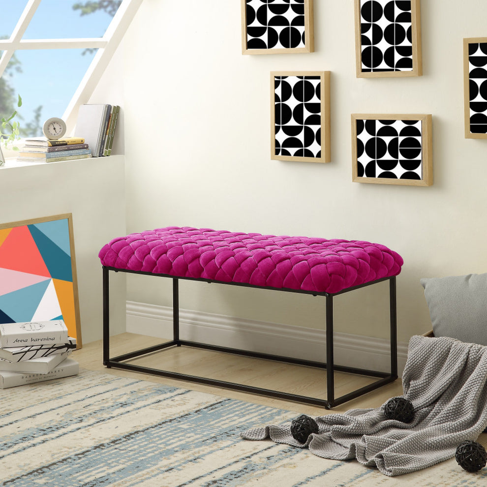 39" Fuchsia And Black Upholstered Velvet Bench By Homeroots | Benches | Modishstore - 6
