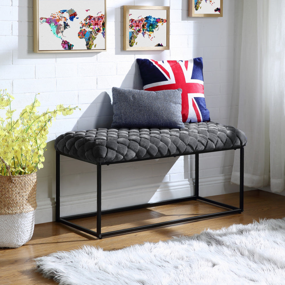 39" Gray And Black Upholstered Velvet Bench By Homeroots | Benches | Modishstore - 7
