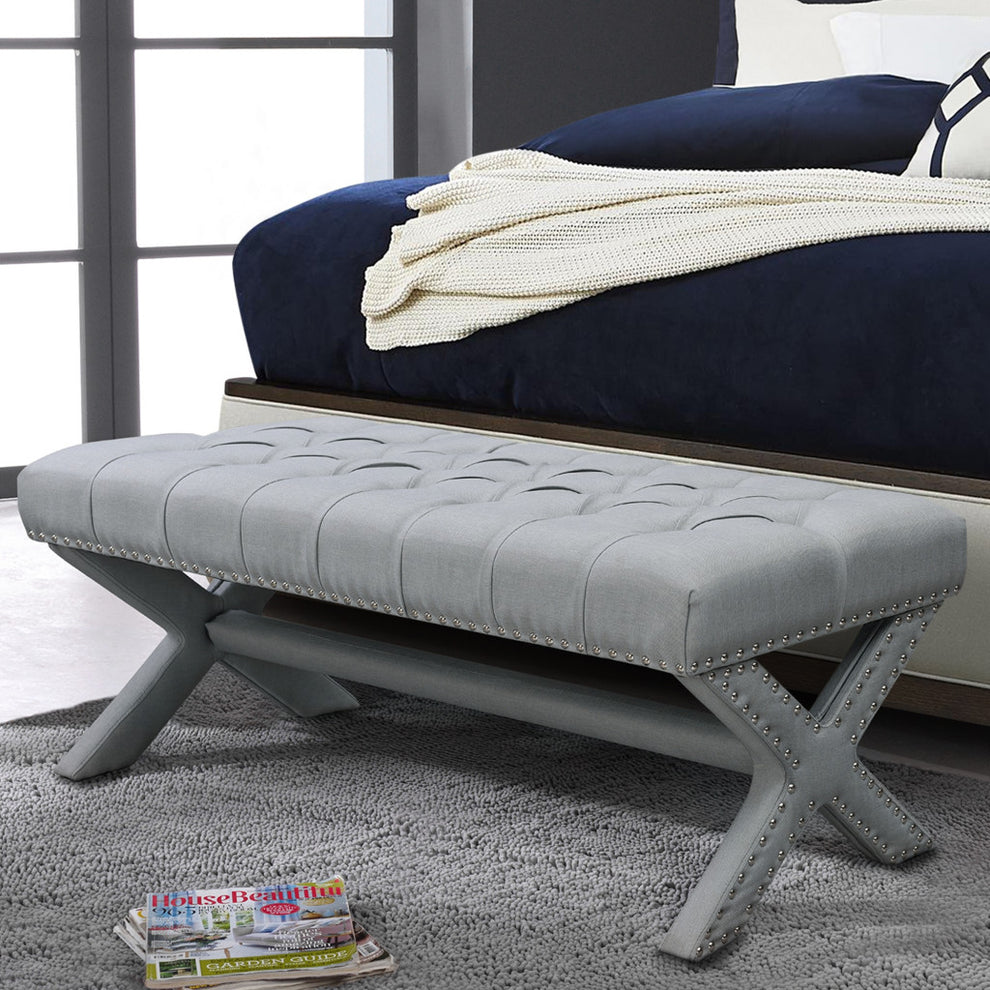 45" Light Gray Upholstered Linen Bench By Homeroots | Benches | Modishstore - 6