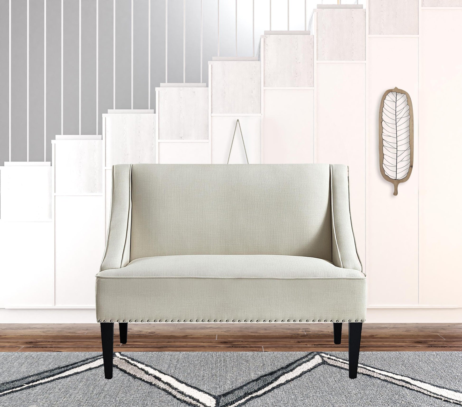 45" Cream And Black Upholstered Linen Bench By Homeroots | Benches | Modishstore - 5