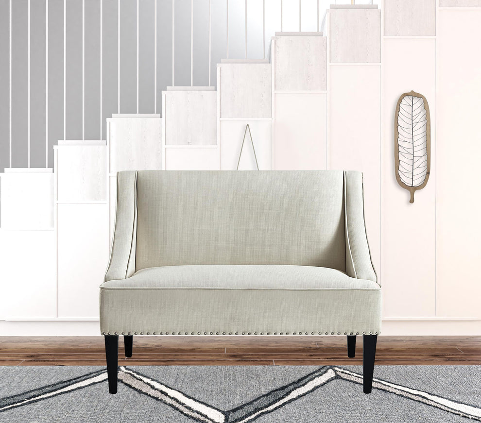 45" Cream And Black Upholstered Linen Bench By Homeroots | Benches | Modishstore - 5
