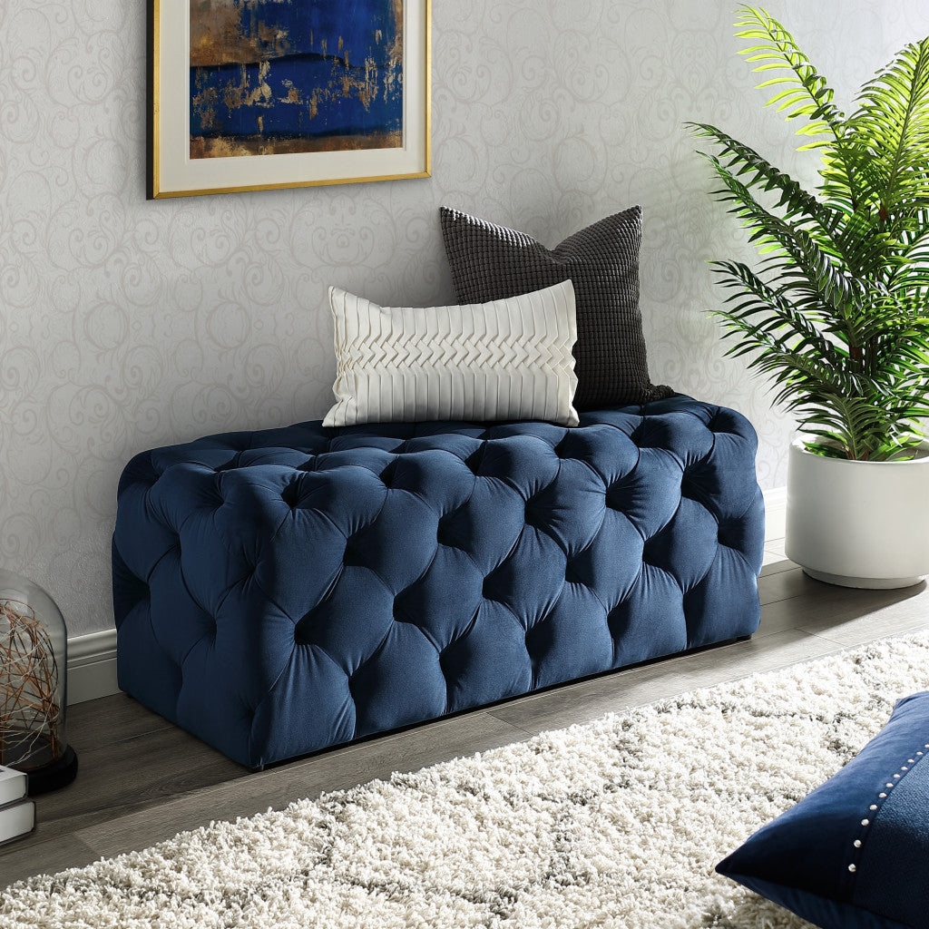 48" Navy Blue And Black Upholstered Velvet Bench By Homeroots | Benches | Modishstore - 8