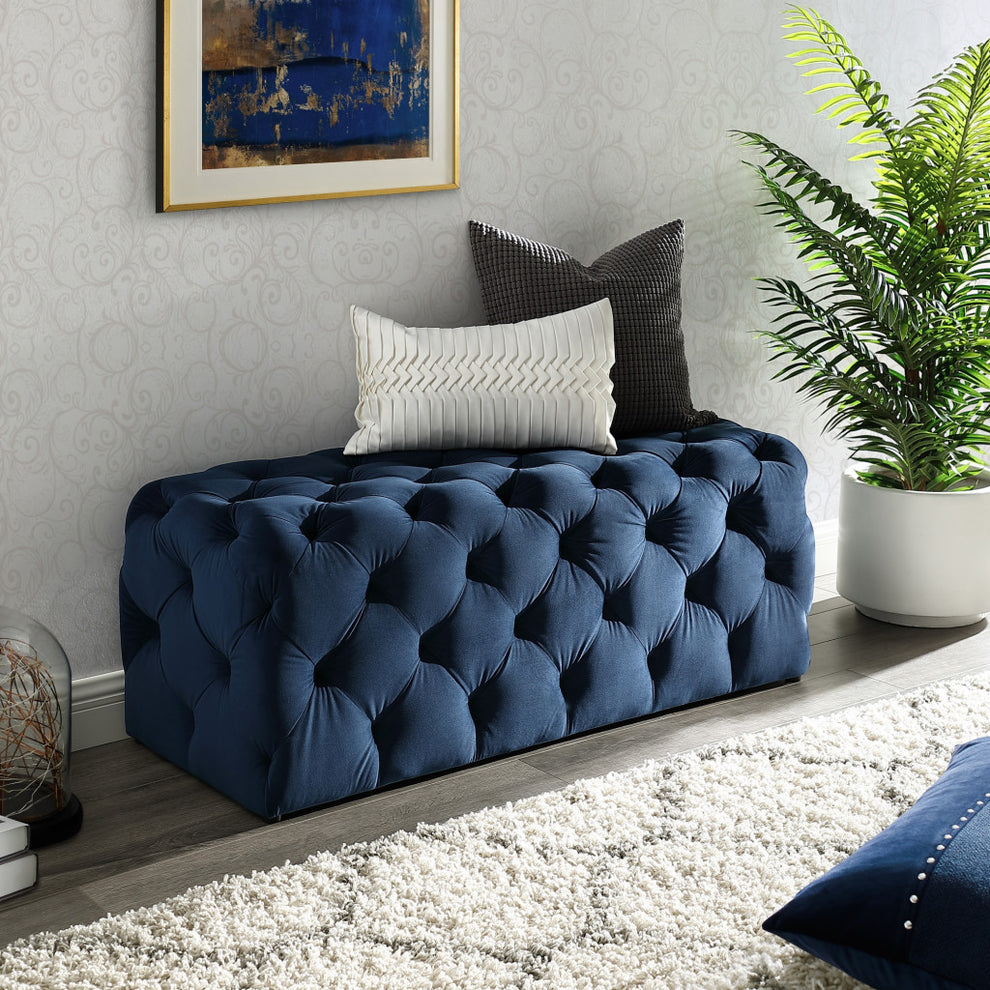 48" Navy Blue And Black Upholstered Velvet Bench By Homeroots | Benches | Modishstore - 8