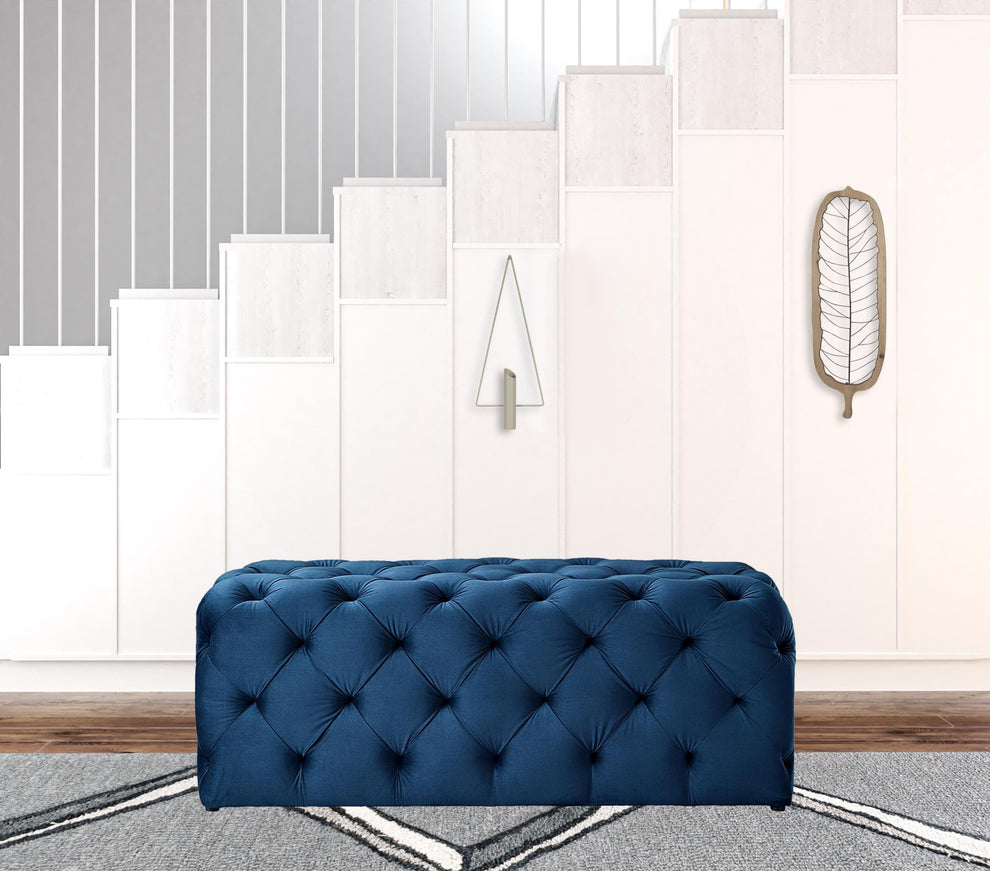 48" Navy Blue And Black Upholstered Velvet Bench By Homeroots | Benches | Modishstore - 3