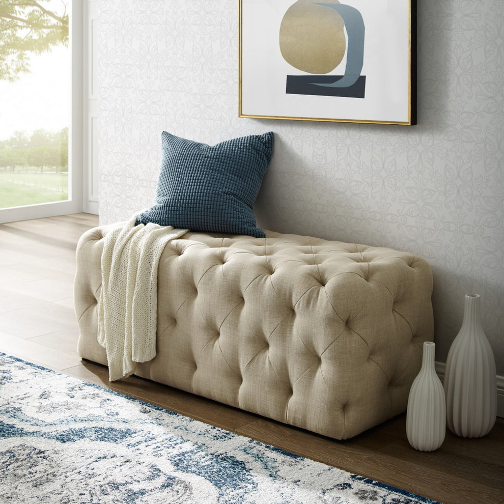 48" Beige And Black Upholstered Linen Bench By Homeroots | Benches | Modishstore - 7