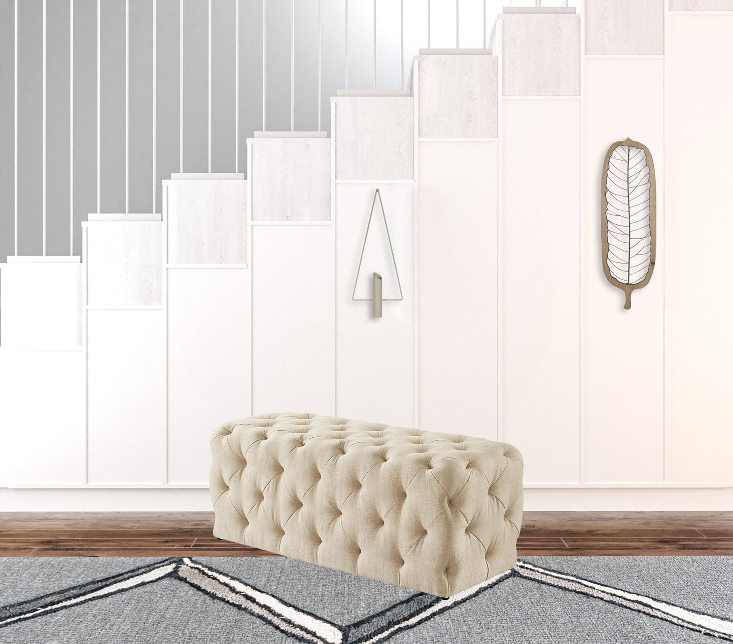 48" Beige And Black Upholstered Linen Bench By Homeroots | Benches | Modishstore - 6