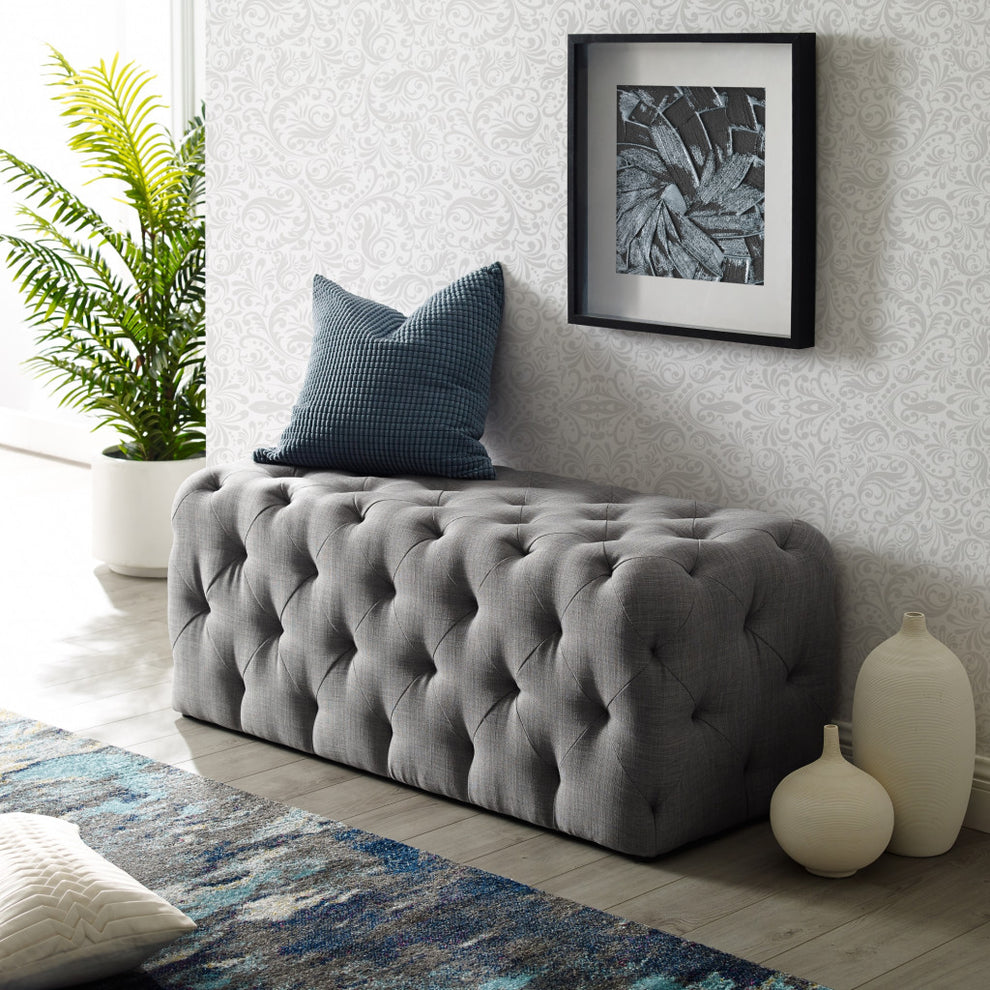 48" Light Gray And Black Upholstered Linen Bench By Homeroots | Benches | Modishstore - 7