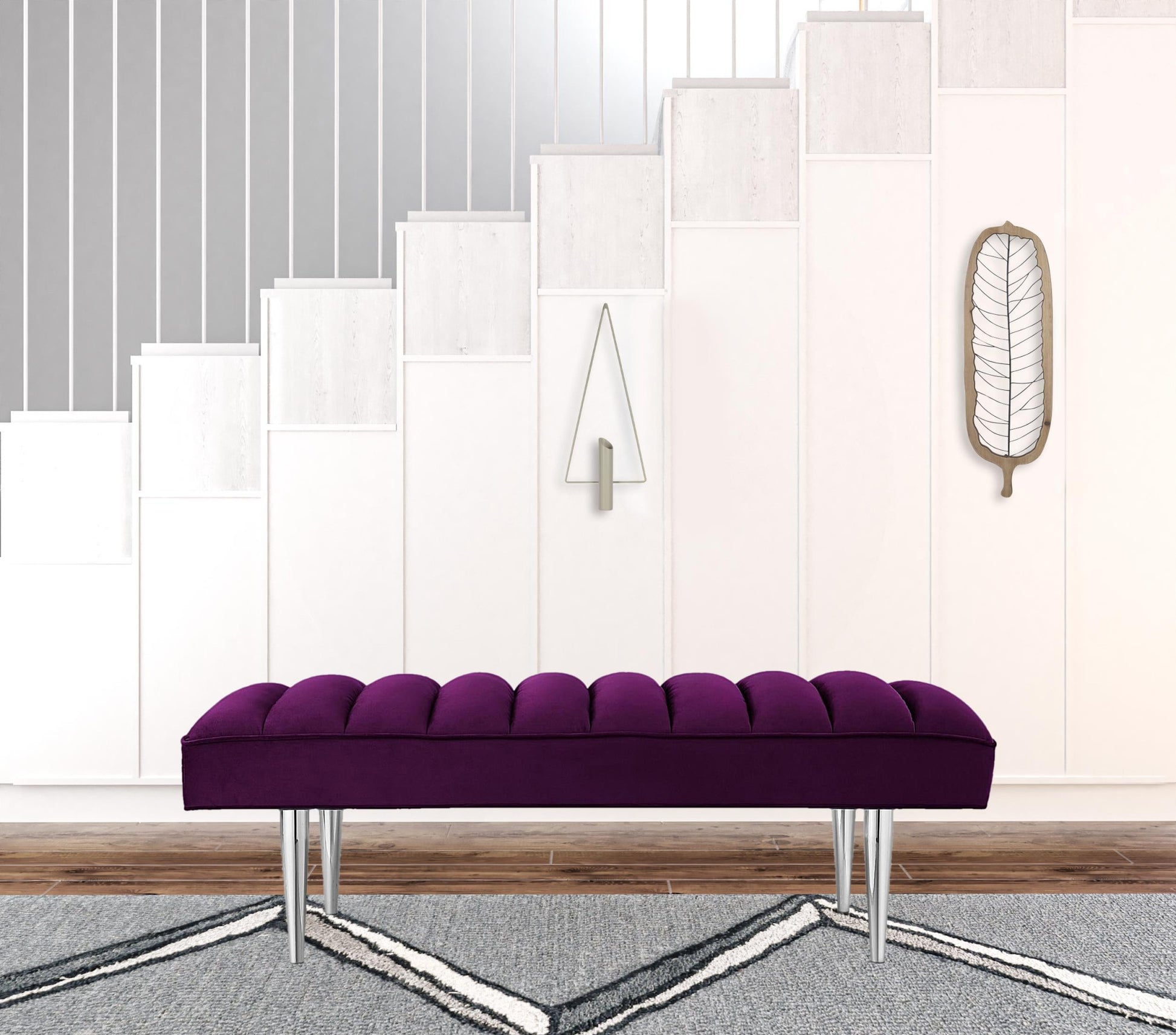 53" Purple And Silver Upholstered Velvet Bench By Homeroots | Benches | Modishstore - 4