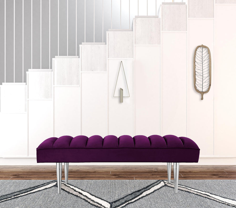53" Purple And Silver Upholstered Velvet Bench By Homeroots | Benches | Modishstore - 4
