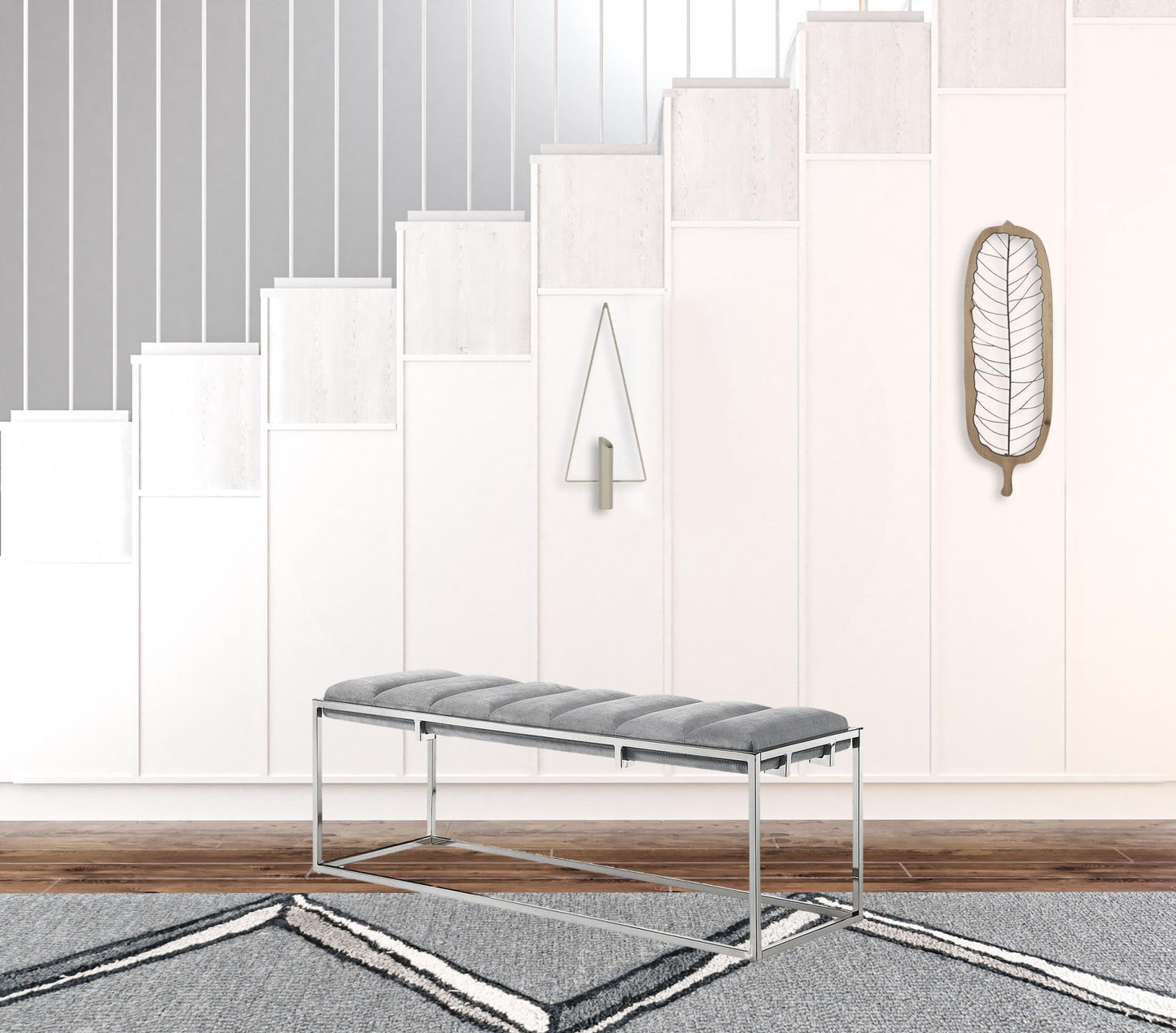 50" Gray And Silver Upholstered Velvet Bench By Homeroots | Benches | Modishstore - 5