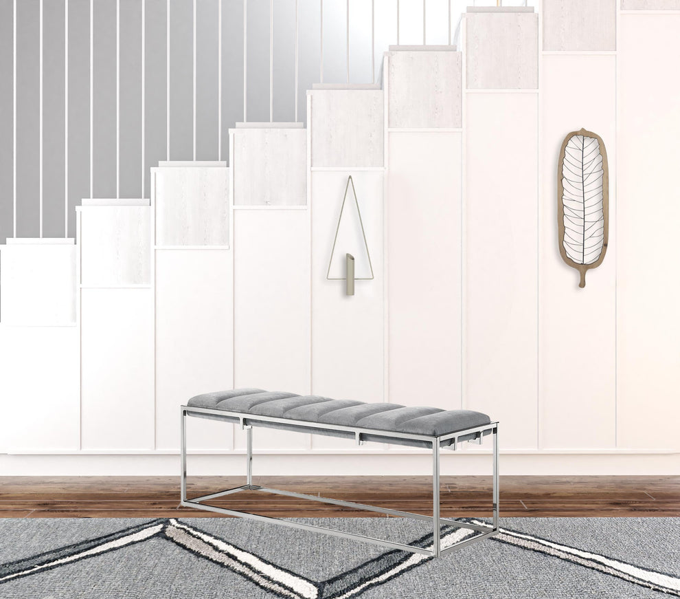 50" Gray And Silver Upholstered Velvet Bench By Homeroots | Benches | Modishstore - 5