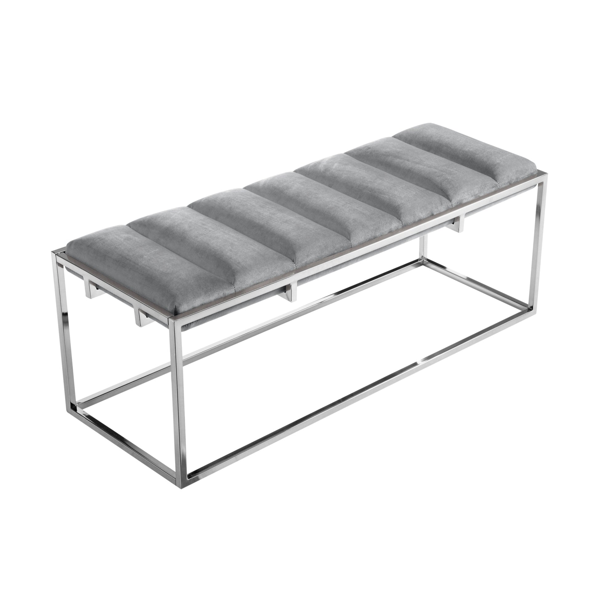 50" Gray And Silver Upholstered Velvet Bench By Homeroots | Benches | Modishstore - 3