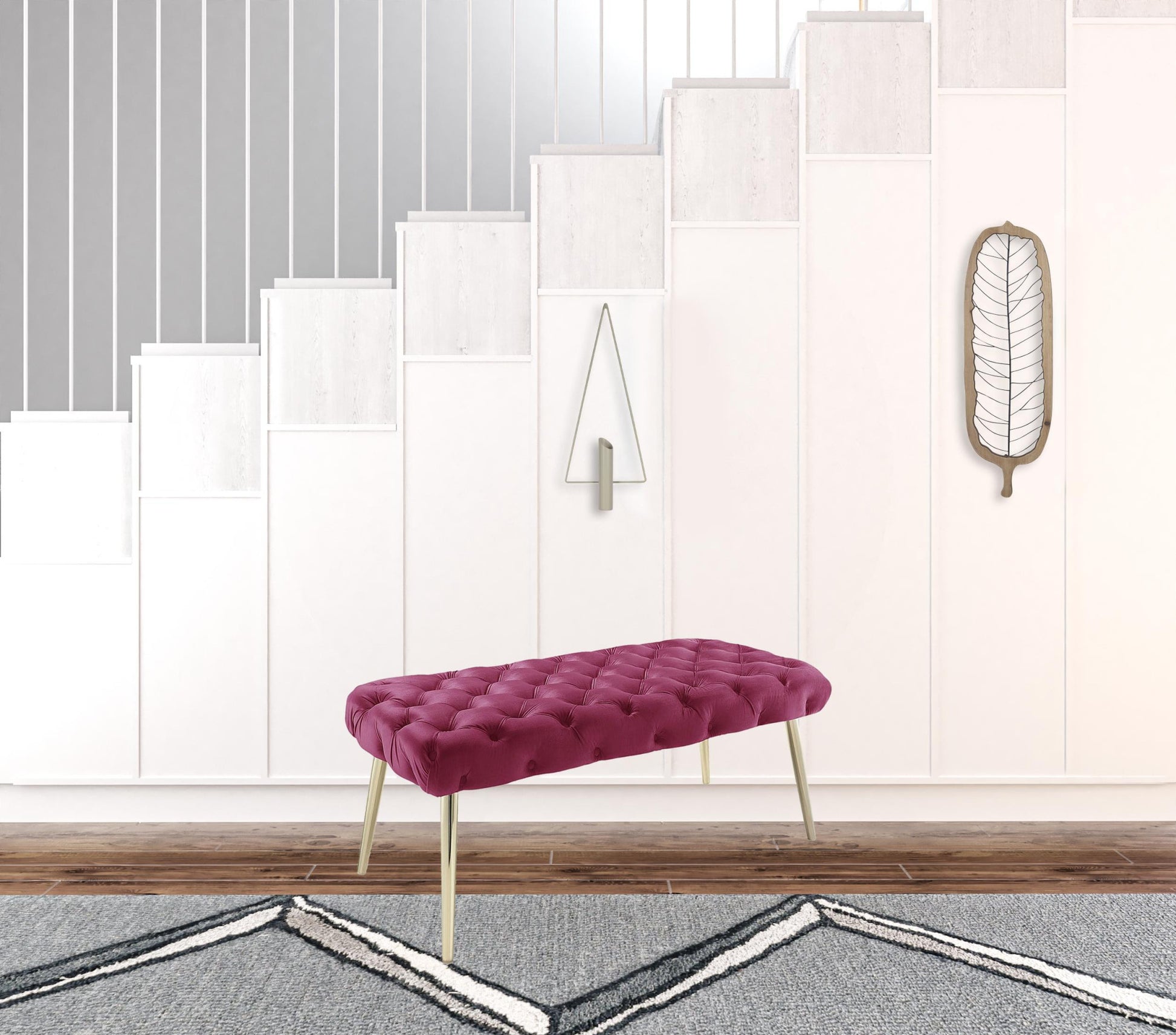 48" Fuchsia And Gold Upholstered Velvet Bench By Homeroots | Benches | Modishstore - 5