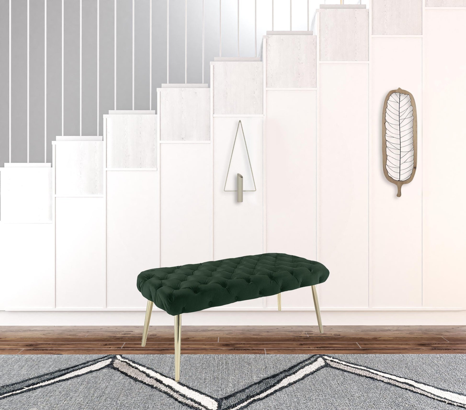 48" Hunter Green And Gold Upholstered Velvet Bench By Homeroots | Benches | Modishstore - 5