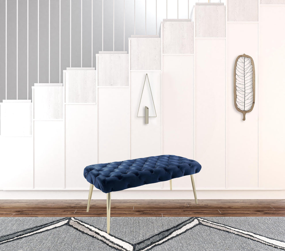 48" Navy Blue And Gold Upholstered Velvet Bench By Homeroots | Benches | Modishstore - 5
