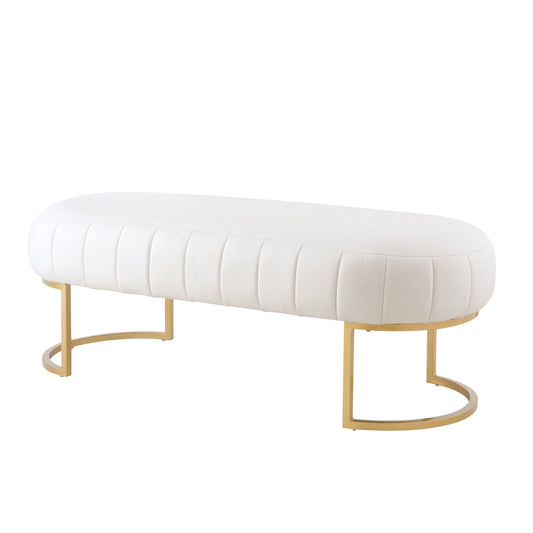 53" White And Gold Upholstered Faux Leather Bench By Homeroots