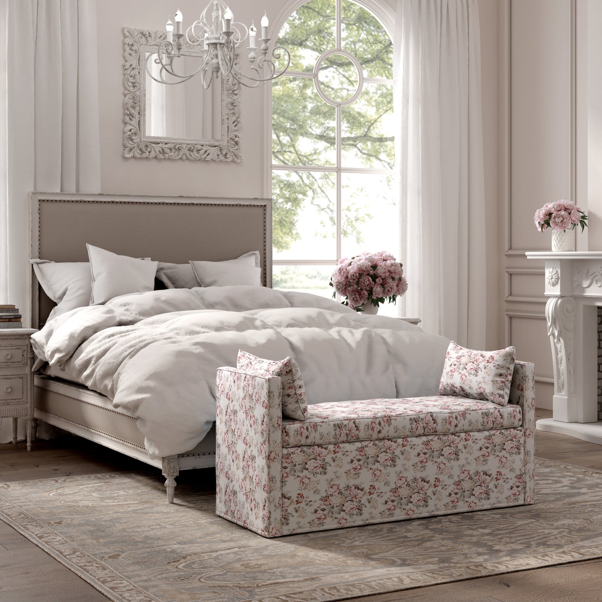 53" Red And Black Upholstered Linen Floral Bench By Homeroots | Benches | Modishstore - 3