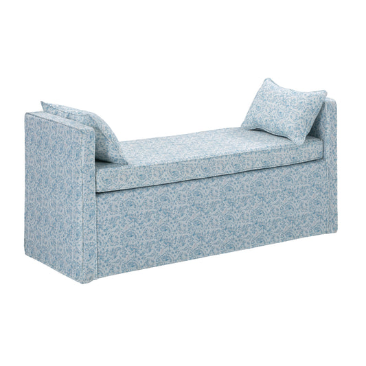 53" Blue And Black Upholstered Linen Floral Bench By Homeroots