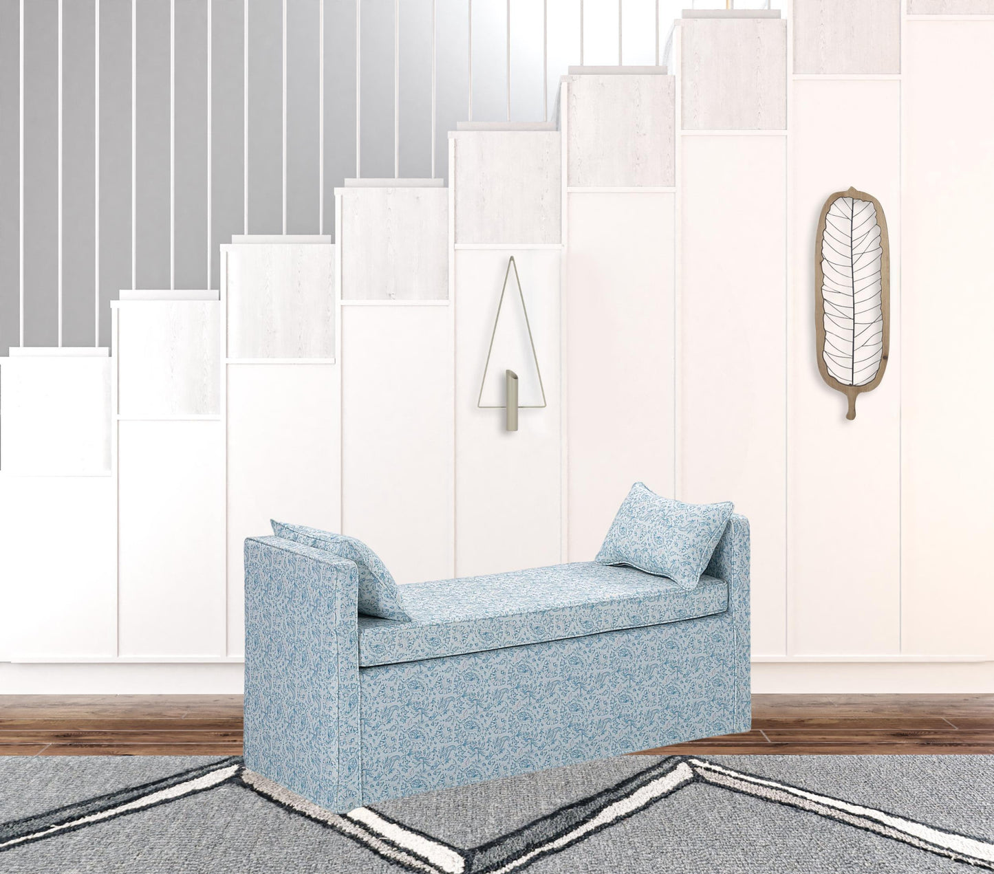 53" Blue And Black Upholstered Linen Floral Bench By Homeroots | Benches | Modishstore - 2