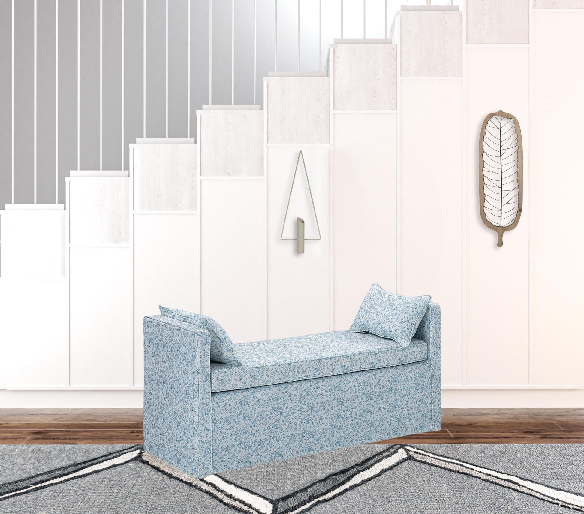 53" Blue And Black Upholstered Linen Floral Bench By Homeroots | Benches | Modishstore - 2