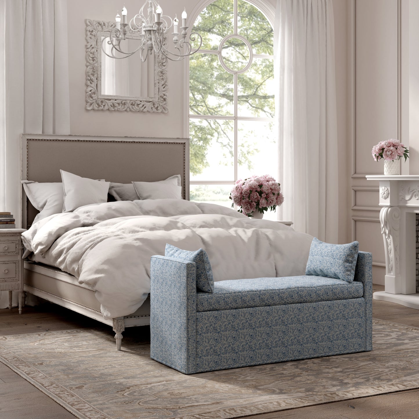 53" Blue And Black Upholstered Linen Floral Bench By Homeroots | Benches | Modishstore - 4