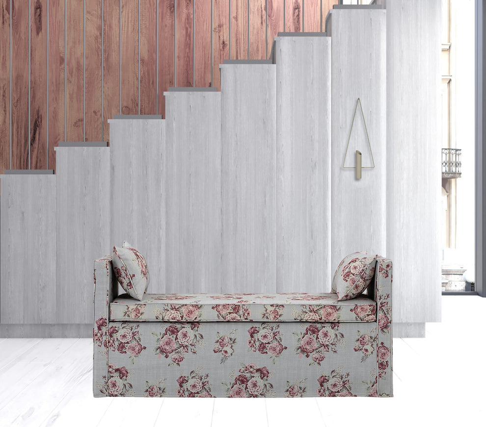 53" Light Gray And Black Upholstered Linen Floral Bench By Homeroots | Benches | Modishstore - 3