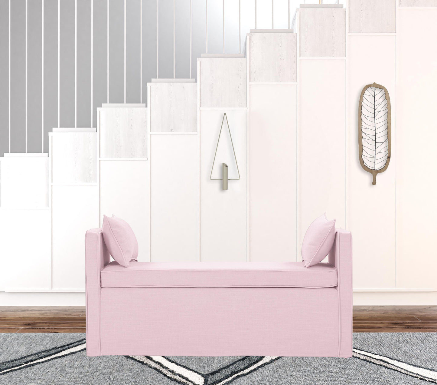 53" Light Pink And Black Upholstered Linen Bench By Homeroots | Benches | Modishstore - 3