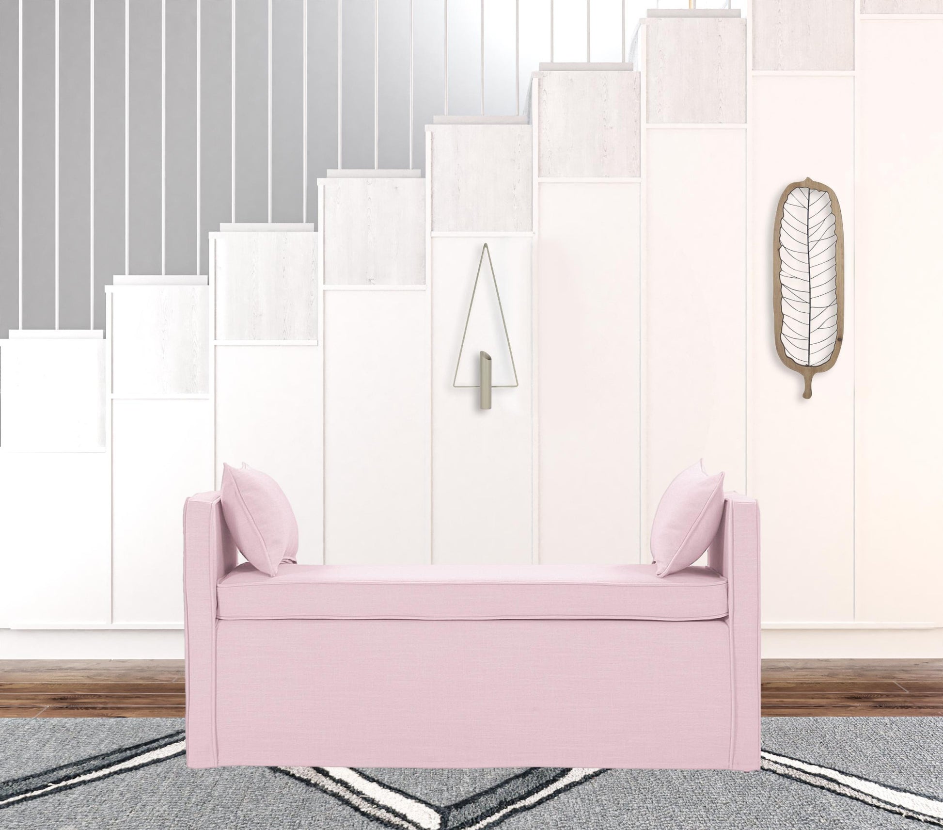 53" Light Pink And Black Upholstered Linen Bench By Homeroots | Benches | Modishstore - 3