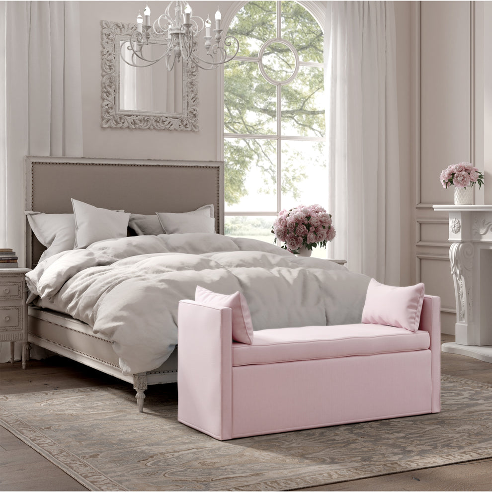 53" Light Pink And Black Upholstered Linen Bench By Homeroots | Benches | Modishstore - 5