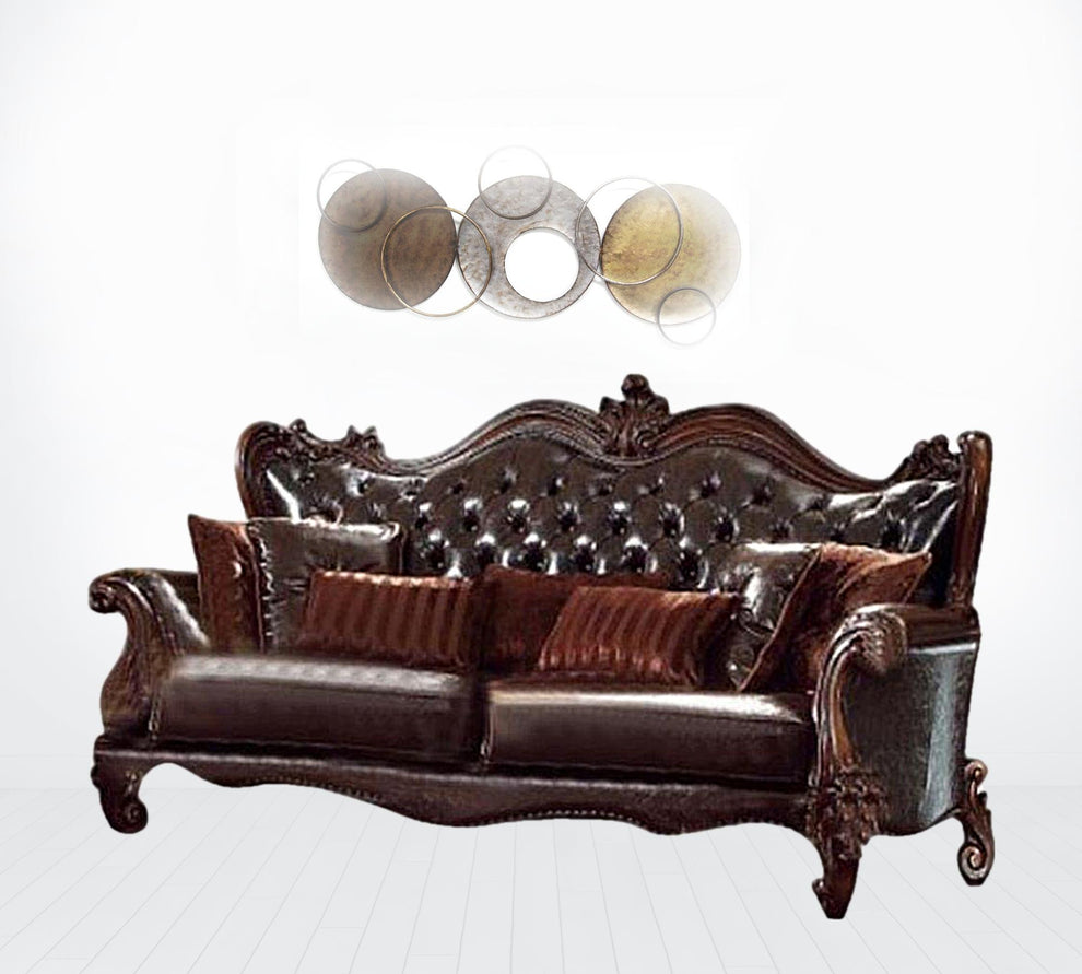 93" Brown Faux Leather And Cherry Blossom Pink Sofa With Seven Toss Pillows By Homeroots | Sofas | Modishstore - 2