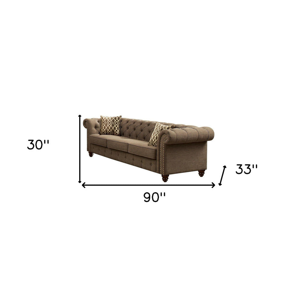 90" Brown Linen And Black Sofa With Two Toss Pillows By Homeroots | Sofas | Modishstore - 4